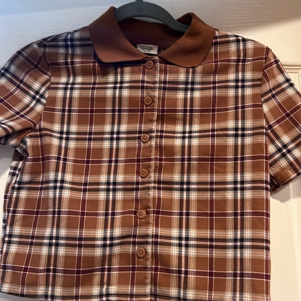 John Galt (Brandy Melville Sub-brand)Brown Plaid Short Sleeve Button Up Shirt - Picture 2 of 8